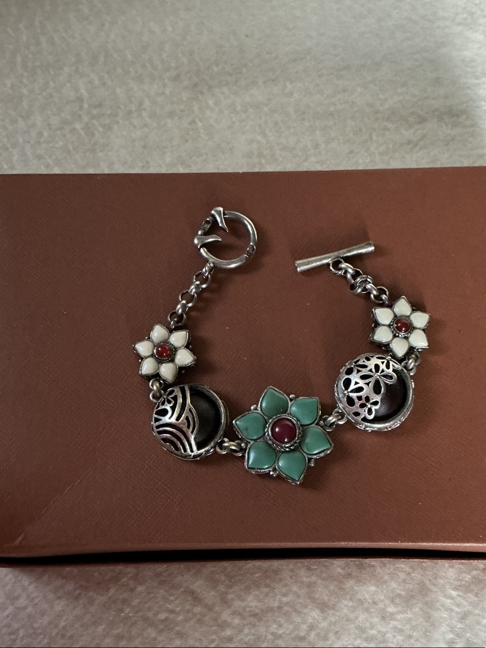 Lucky Brand Silver-Tone Bracelet with Green, White and Red Floral Accents